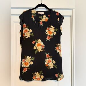 LOFT Black Blouse with Floral Print